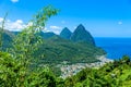 Gros and Petit Pitons near village Soufriere on Caribbean island St Lucia - tropical and paradise landscape scenery on Saint Lucia Royalty Free Stock Photo