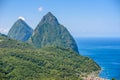 Gros and Petit Pitons near village Soufriere on Caribbean island St Lucia - tropical and paradise landscape scenery on Saint Lucia