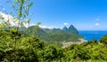 Gros and Petit Pitons near village Soufriere on Caribbean island St Lucia - tropical and paradise landscape scenery on Saint Lucia