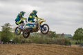 Gros Schwiesow, Germany - Marc Schwiesow, Germany - March 01,2019 - Motocross racer with sidecar jumps in the air over a sand hill Royalty Free Stock Photo