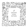 Grosery supermarket goods pattern store food, drinks, vegetables, fruits, fish, meat, dairy, sweets