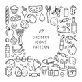 Grosery supermarket goods pattern store food, drinks, vegetables, fruits, fish, meat, dairy, sweets