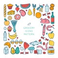 Grosery supermarket goods pattern store food, drinks, vegetables, fruits, fish, meat, dairy, sweets