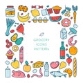 Grosery supermarket goods pattern store food, drinks, vegetables, fruits, fish, meat, dairy, sweets