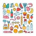 Grosery supermarket goods pattern store food, drinks, vegetables, fruits, fish, meat, dairy, sweets