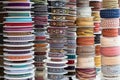 Grosgrain and another type of ribbons in a haberdashery.