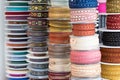 Grosgrain and another type of ribbons in a haberdashery. Royalty Free Stock Photo