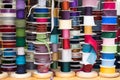 Grosgrain and another type of ribbons in a haberdashery. Royalty Free Stock Photo