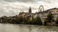 Basel with Munster cathedral and the Rhine river on a rainy day in Switzerland