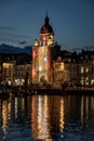 The grosse horloge of La Rochelle at night with beautiful illuminated city lights