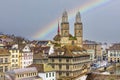 Grossmunster church in the center of Zurich city.Old town landscape of Grossmunster cathedral, Switzerland. Royalty Free Stock Photo