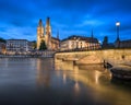 Grossmunster Church and Limmat River in the Evening, Zurich, Switzerland