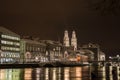 GrossmÃÂ¼nster with Limmat river by night Royalty Free Stock Photo