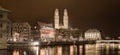 GrossmÃÂ¼nster with Limmat river by night Royalty Free Stock Photo