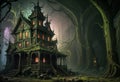 A grotesque, experimental haunted house looms ahead, its decaying structure a bizarre fusion of twisted architecture and surreal