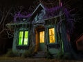 A grotesque, experimental haunted house looms ahead, its decaying structure a bizarre fusion of twisted architecture and surreal
