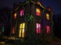 A grotesque, experimental haunted house looms ahead, its decaying structure a bizarre fusion of twisted architecture and surreal