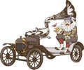 Grotesque steampunk car and sad clown