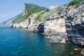 Grotta di lord Byron with turquoise water and coast with rock cliff, Portovenere town, Ligurian sea, park Cinque Terre, La Spezia