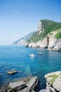 Grotta di lord Byron with turquoise water and coast with rock cliff, Portovenere town, Ligurian sea, park Cinque Terre, La Spezia