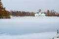 Grotto Pavilion on pond, snowfall, Tsarskoye Selo