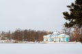 Grotto Pavilion on pond, snowfall, Tsarskoye Selo