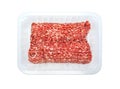 Ground beef in a plastic container isolated on white background. Fresh raw Minced meat from beef. Top view. Royalty Free Stock Photo