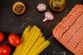 Ground beef, spaghetti pasta, garlic, tomato and olive oil