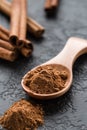 Ground cinnamon spice powder in wooden spoon Royalty Free Stock Photo