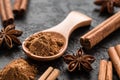 Ground cinnamon spice powder in wooden spoon Royalty Free Stock Photo