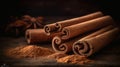 Ground cinnamon, cinnamon sticks, tied with jute rope on old wooden background in rustic style, generative ai Royalty Free Stock Photo