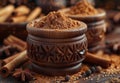 Ground cinnamon in wooden bowl and wooden spoon Royalty Free Stock Photo