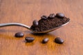 Ground coffee beans on metal spoon Royalty Free Stock Photo