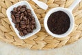Ground coffee beans for preparing homemade exfoliating foot and body scrub. Natural beauty treatment and spa recipe