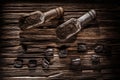 Ground coffee beans in scoop on vintage wooden board Royalty Free Stock Photo