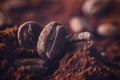 Ground coffee and grains macro shot. Smoke from freshly roasted coffee beans Royalty Free Stock Photo