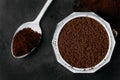 Ground coffee. Coffee moka pot make on dark background Royalty Free Stock Photo