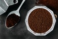 Ground coffee. Coffee moka pot make on dark background Royalty Free Stock Photo