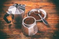 Ground coffee and moka pot Royalty Free Stock Photo