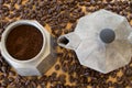 Ground coffee in moka pot. Royalty Free Stock Photo