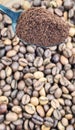 Ground coffee powder in a metal spoon in the foreground, against the background of roasted aromatic coffee beans. Coffee Royalty Free Stock Photo