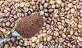 Ground coffee powder in a metal spoon in the foreground, against the background of roasted aromatic coffee beans. Coffee Royalty Free Stock Photo