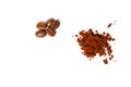 Ground coffee and roasted beans on a white background, isolated. Royalty Free Stock Photo