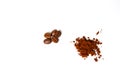 Ground coffee and roasted beans on a white background, isolated. Royalty Free Stock Photo