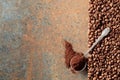 Ground coffee in a spoon and coffee beans on a rusty metal background Royalty Free Stock Photo