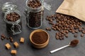 Ground coffee in wooden bowl and spoon Royalty Free Stock Photo