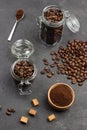 Ground coffee in wooden bowl and spoon Royalty Free Stock Photo