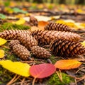 The ground is covered with a layer of green moss and pine needles Royalty Free Stock Photo