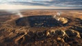 The ground cracked and charred around a large circular crater resembling a giant scorch mark