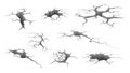 Ground cracks. Earthquake crack, hole damaged effect. Cracked land, concrete surface with splits isolated 3d vector set